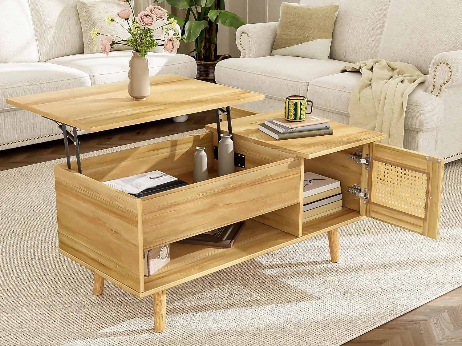 Table basse 103x50x46 cm - avec plateau relevable - avec 2 portes en rotin - naturel