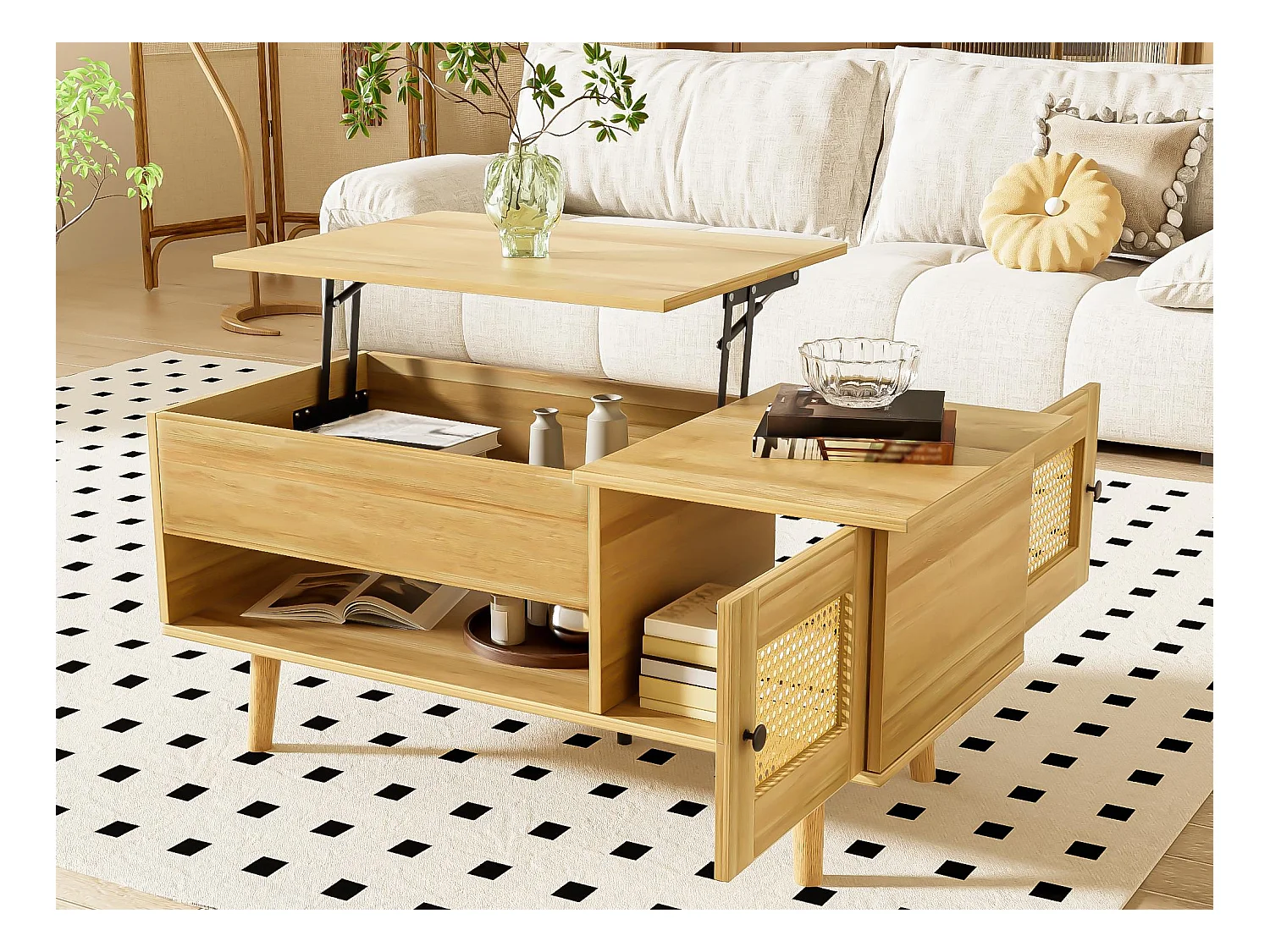 Table basse 103x50x46 cm - avec plateau relevable - avec 2 portes en rotin - naturel