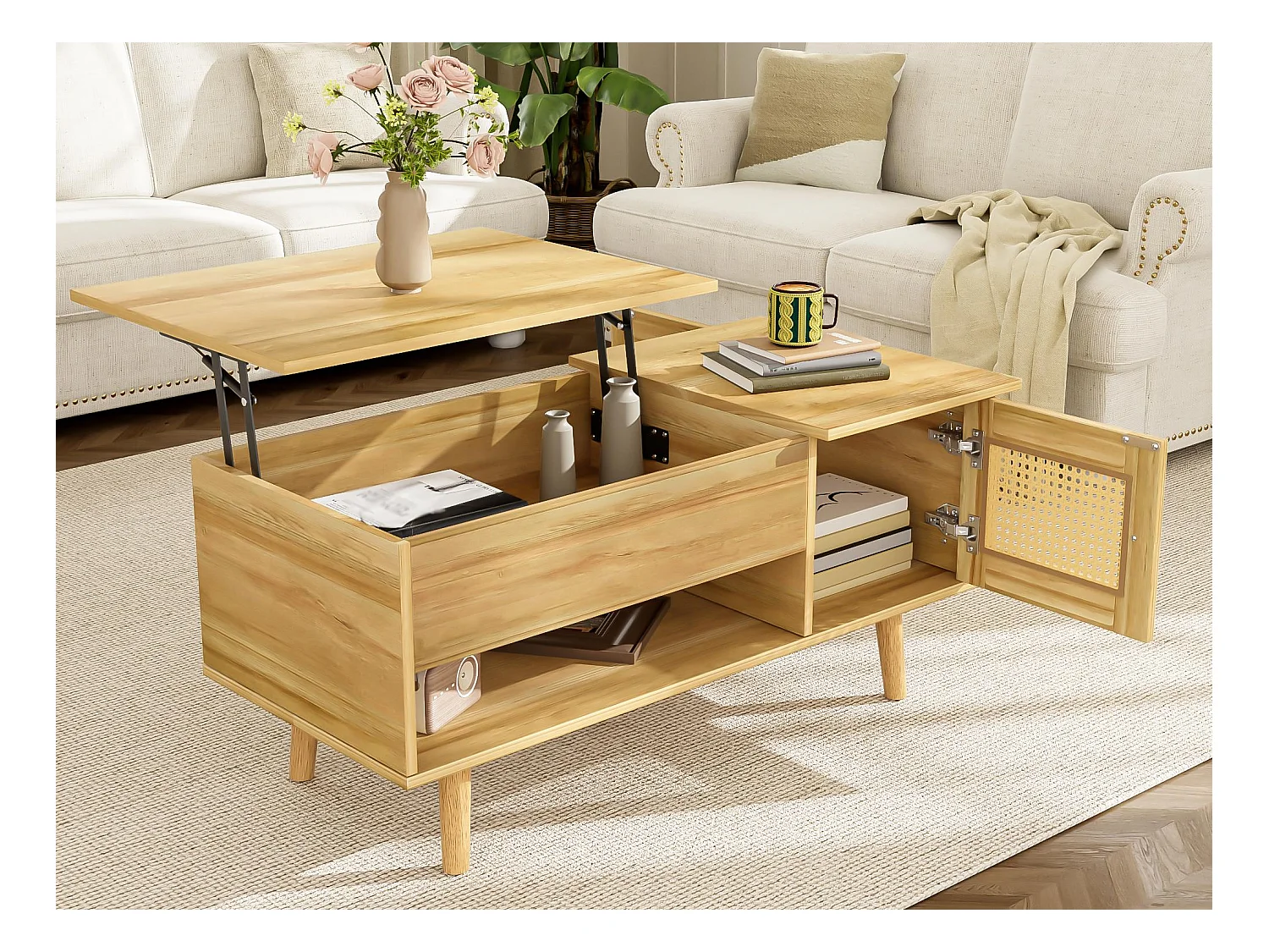 Couchtisch 103x50x46 cm - mit hochklappbarer Platte - mit 2 Rattantüren - natur