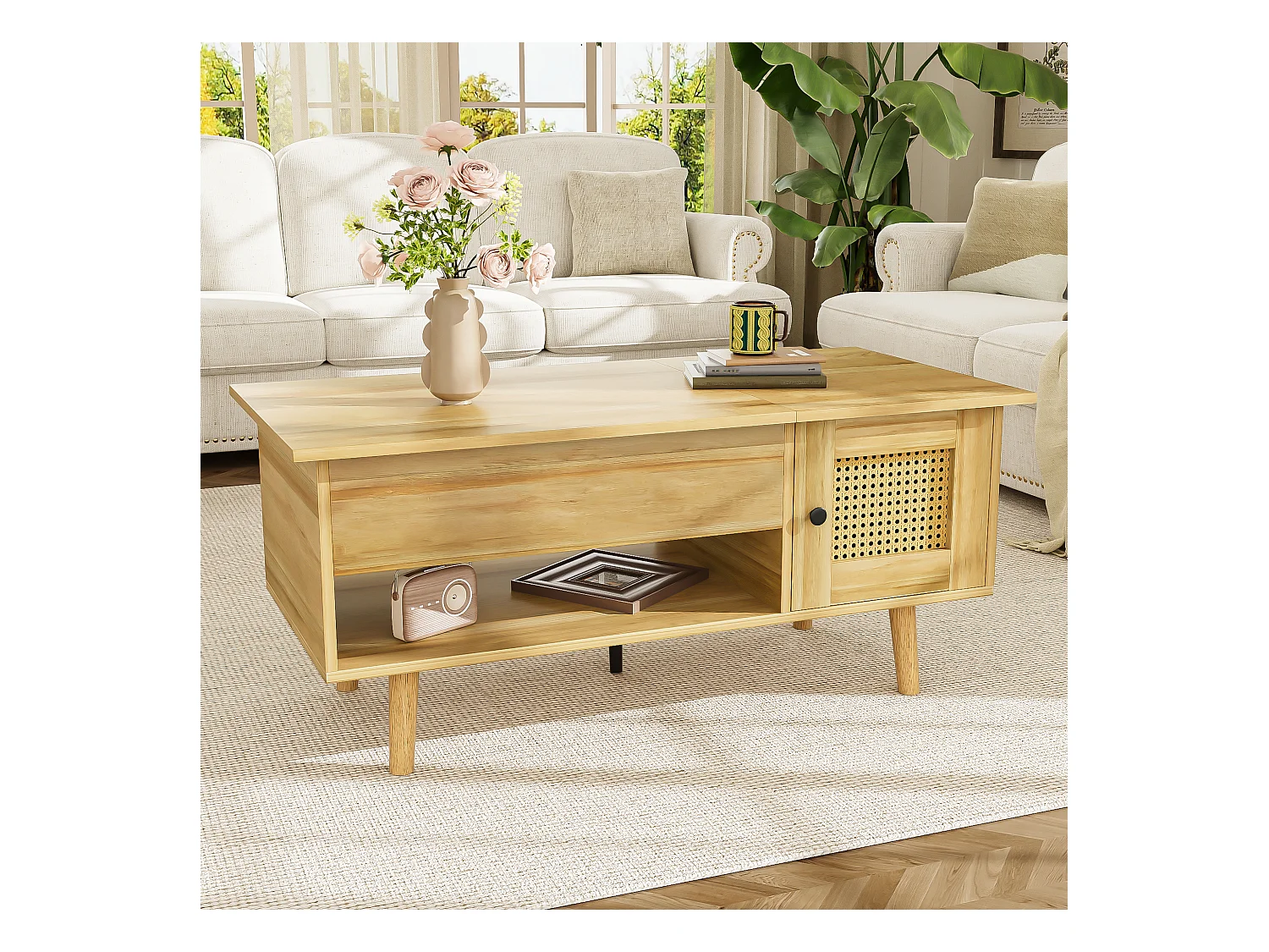 Couchtisch 103x50x46 cm - mit hochklappbarer Platte - mit 2 Rattantüren - natur