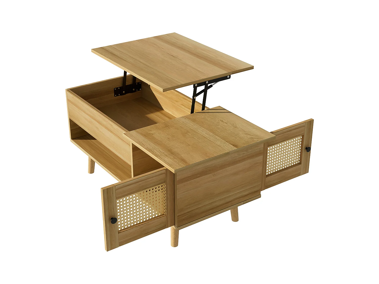 Couchtisch 103x50x46 cm - mit hochklappbarer Platte - mit 2 Rattantüren - natur