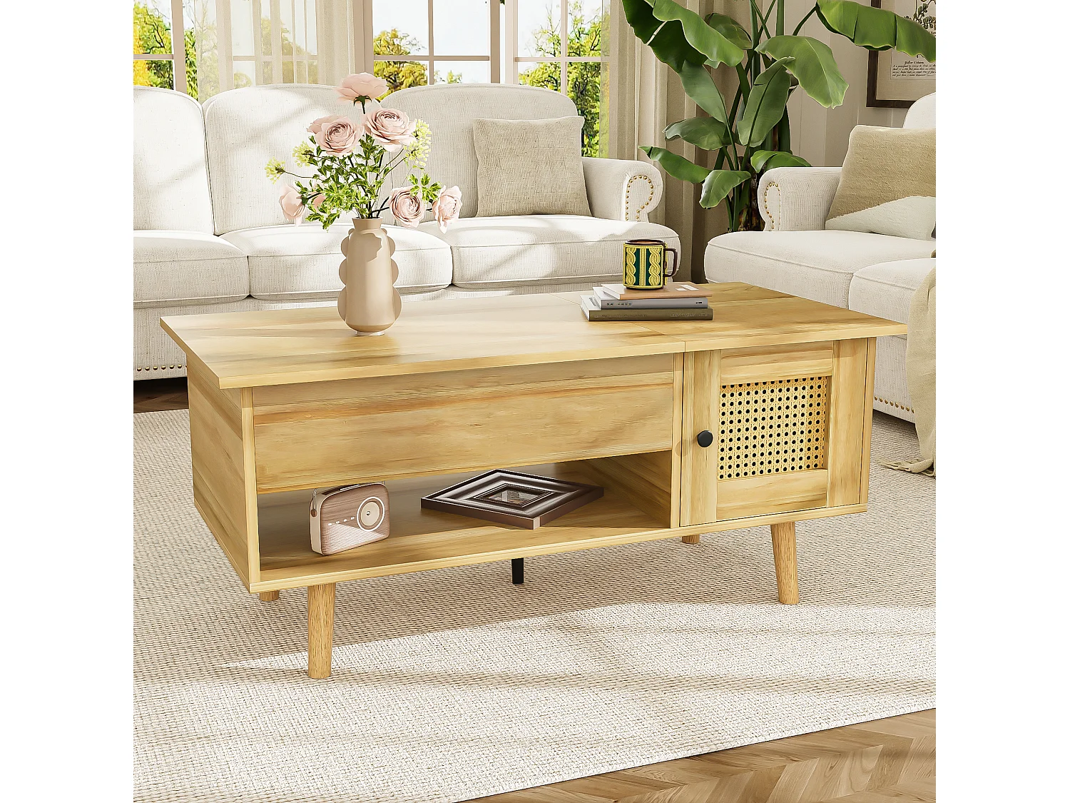 Table basse 103x50x46 cm - avec plateau relevable - avec 2 portes en rotin - naturel