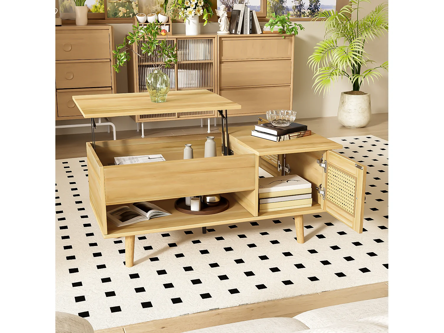 Table basse 103x50x46 cm - avec plateau relevable - avec 2 portes en rotin - naturel