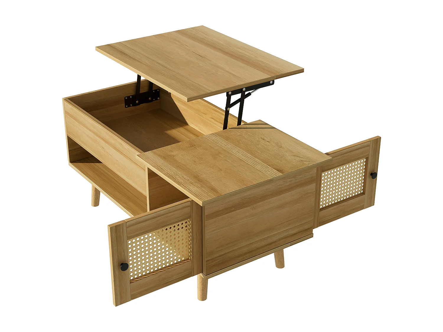 Table basse 103x50x46 cm - avec plateau relevable - avec 2 portes en rotin - naturel