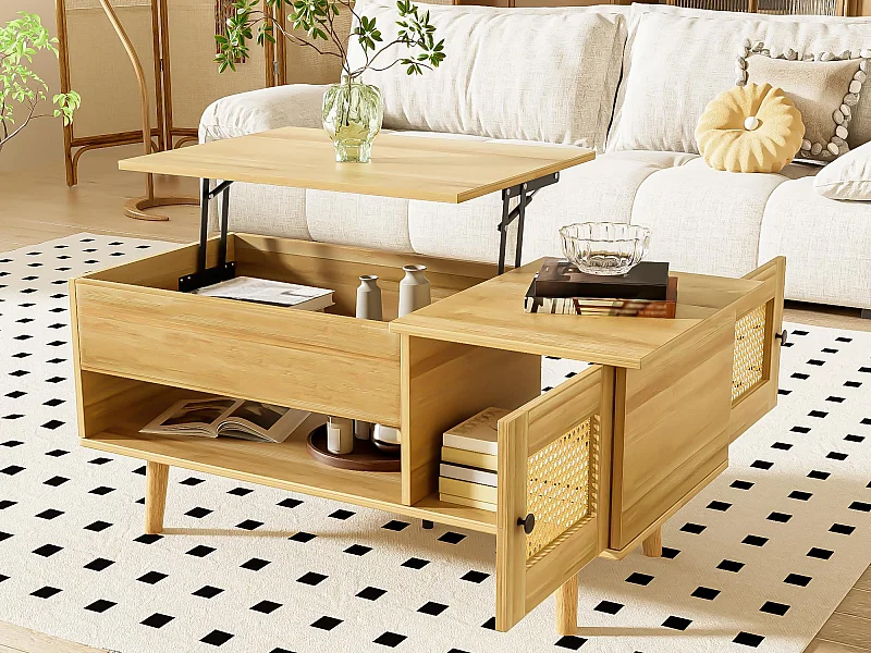 Couchtisch 103x50x46 cm - mit hochklappbarer Platte - mit 2 Rattantüren - natur