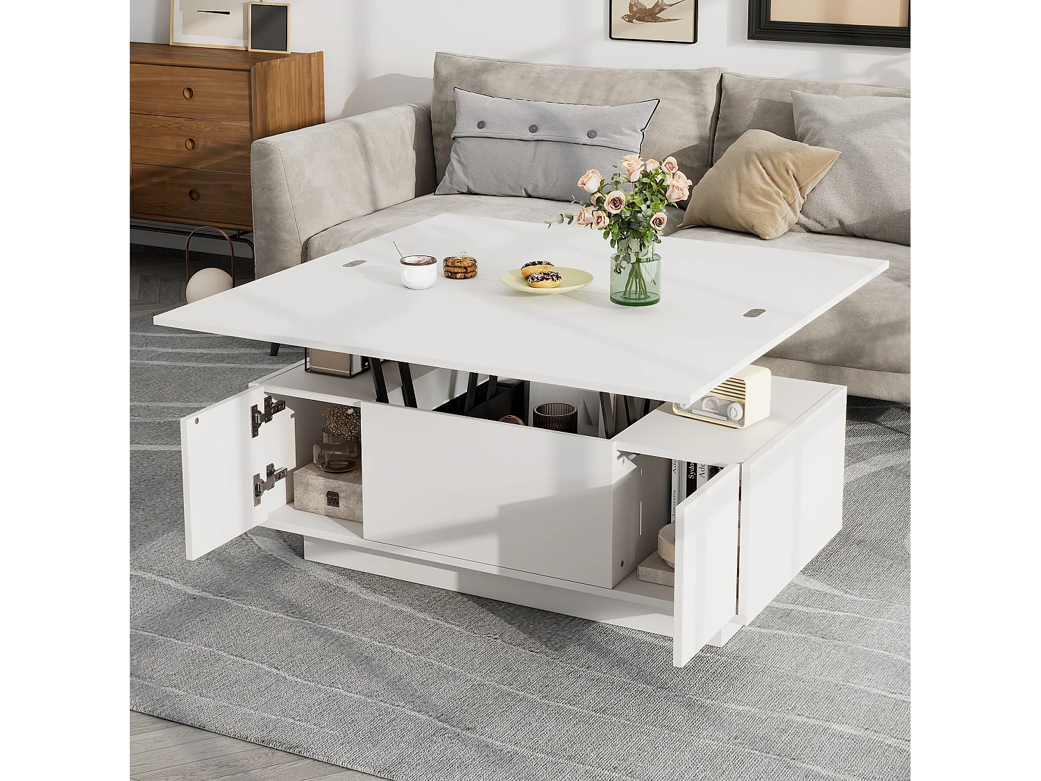 Table basse moderne 100x50x40cm - avec 2 portes - avec mécanisme de levage double - espace de rangement caché - Blanc