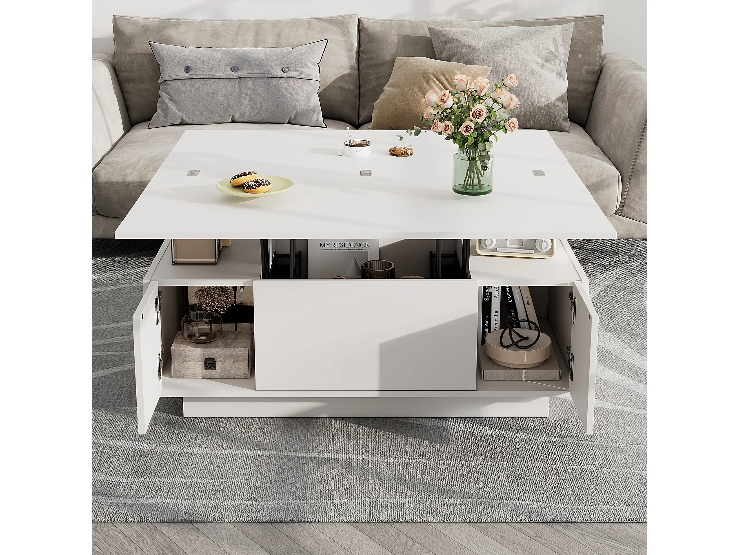 Table basse moderne 100x50x40cm - avec 2 portes - avec mécanisme de levage double - espace de rangement caché - Blanc