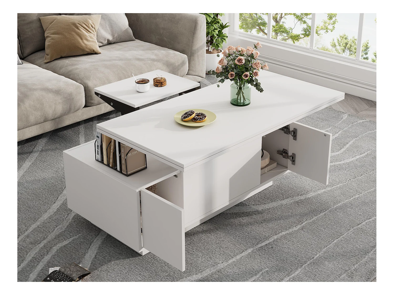 Table basse moderne 100x50x40cm - avec 2 portes - avec mécanisme de levage double - espace de rangement caché - Blanc