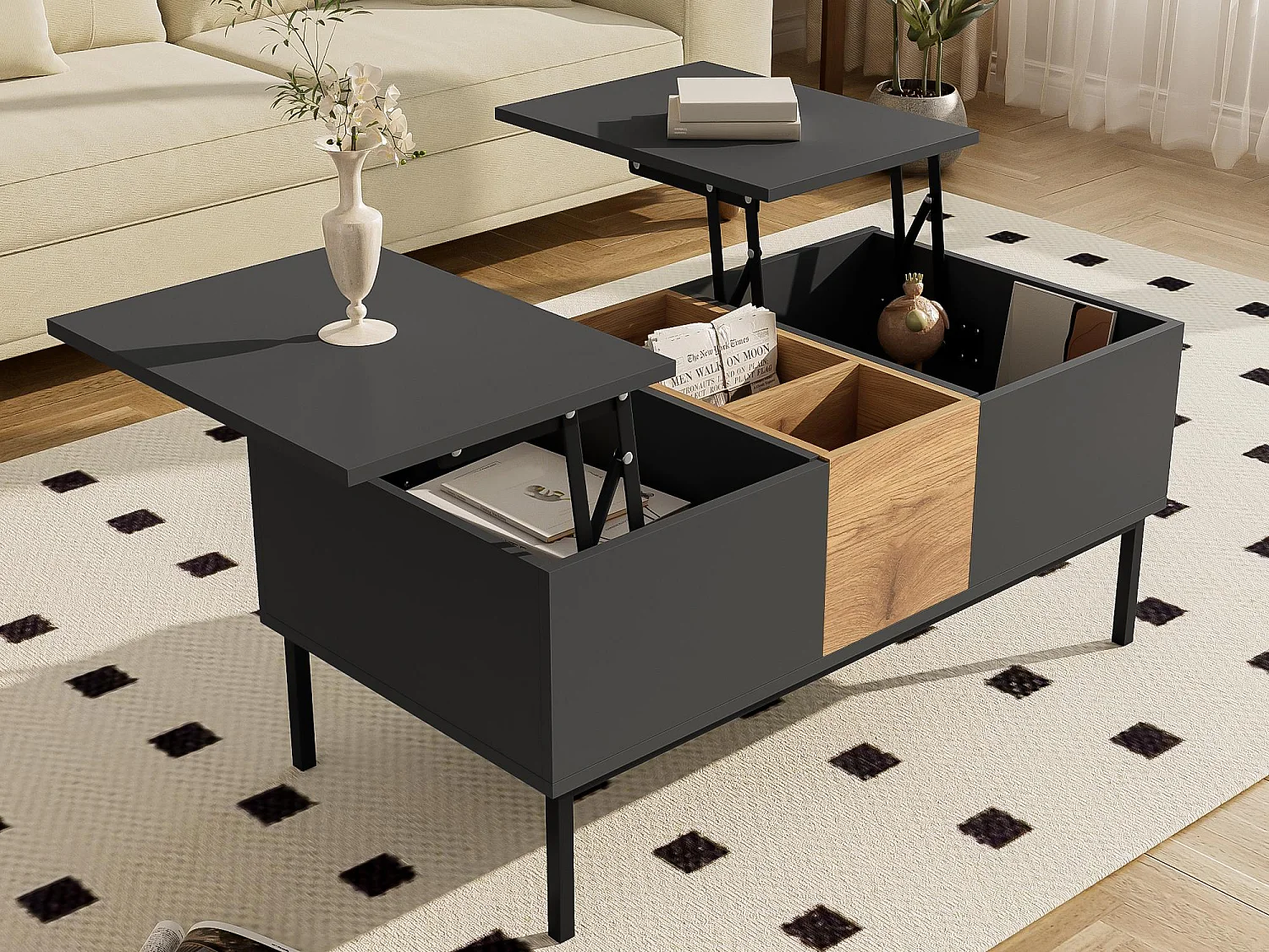 Moderner Couchtisch 100x50x45 / 100x50x60 cm - Höhenverstellbare Platte - Mit Staufächern - Dunkelgrau