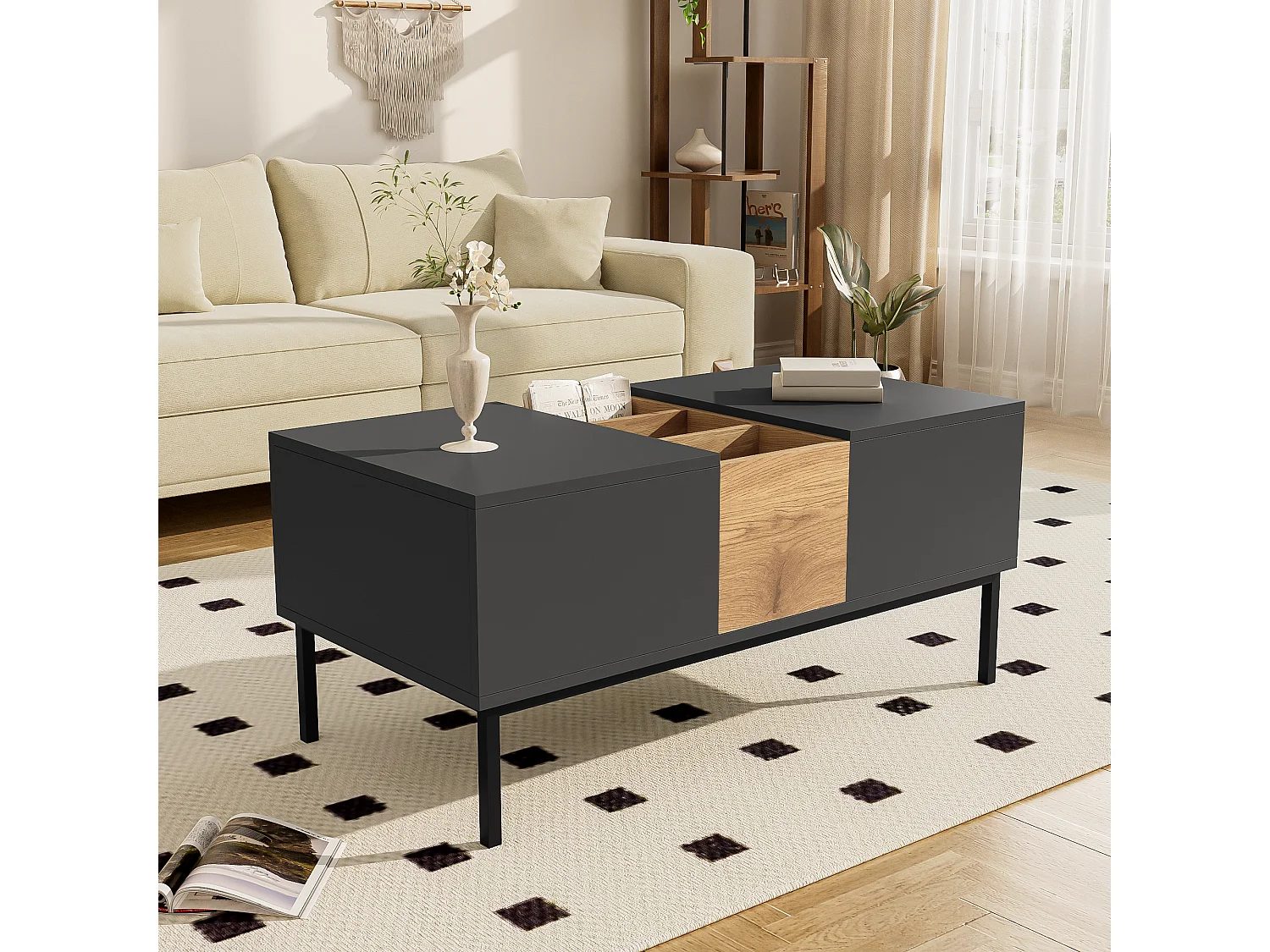 Moderner Couchtisch 100x50x45 / 100x50x60 cm - Höhenverstellbare Platte - Mit Staufächern - Dunkelgrau