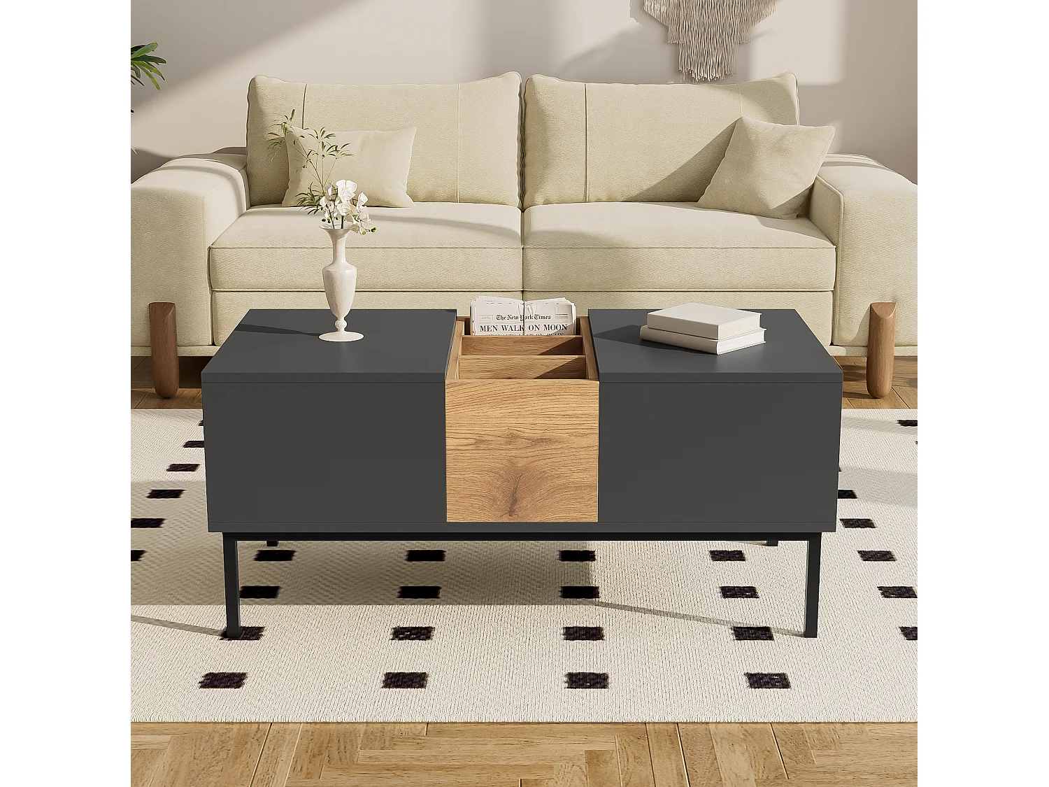 Moderner Couchtisch 100x50x45 / 100x50x60 cm - Höhenverstellbare Platte - Mit Staufächern - Dunkelgrau