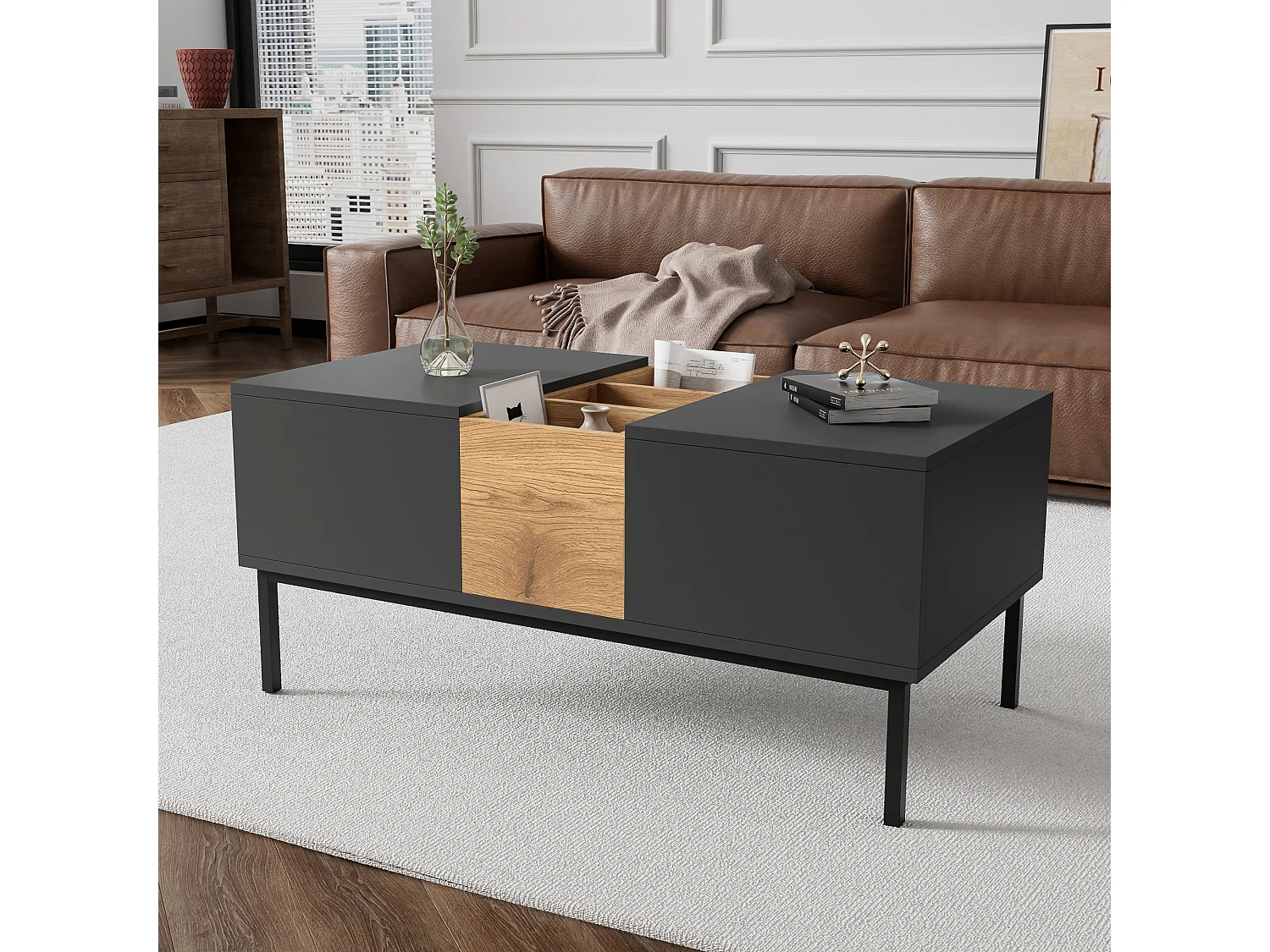 Moderner Couchtisch 100x50x45 / 100x50x60 cm - Höhenverstellbare Platte - Mit Staufächern - Dunkelgrau