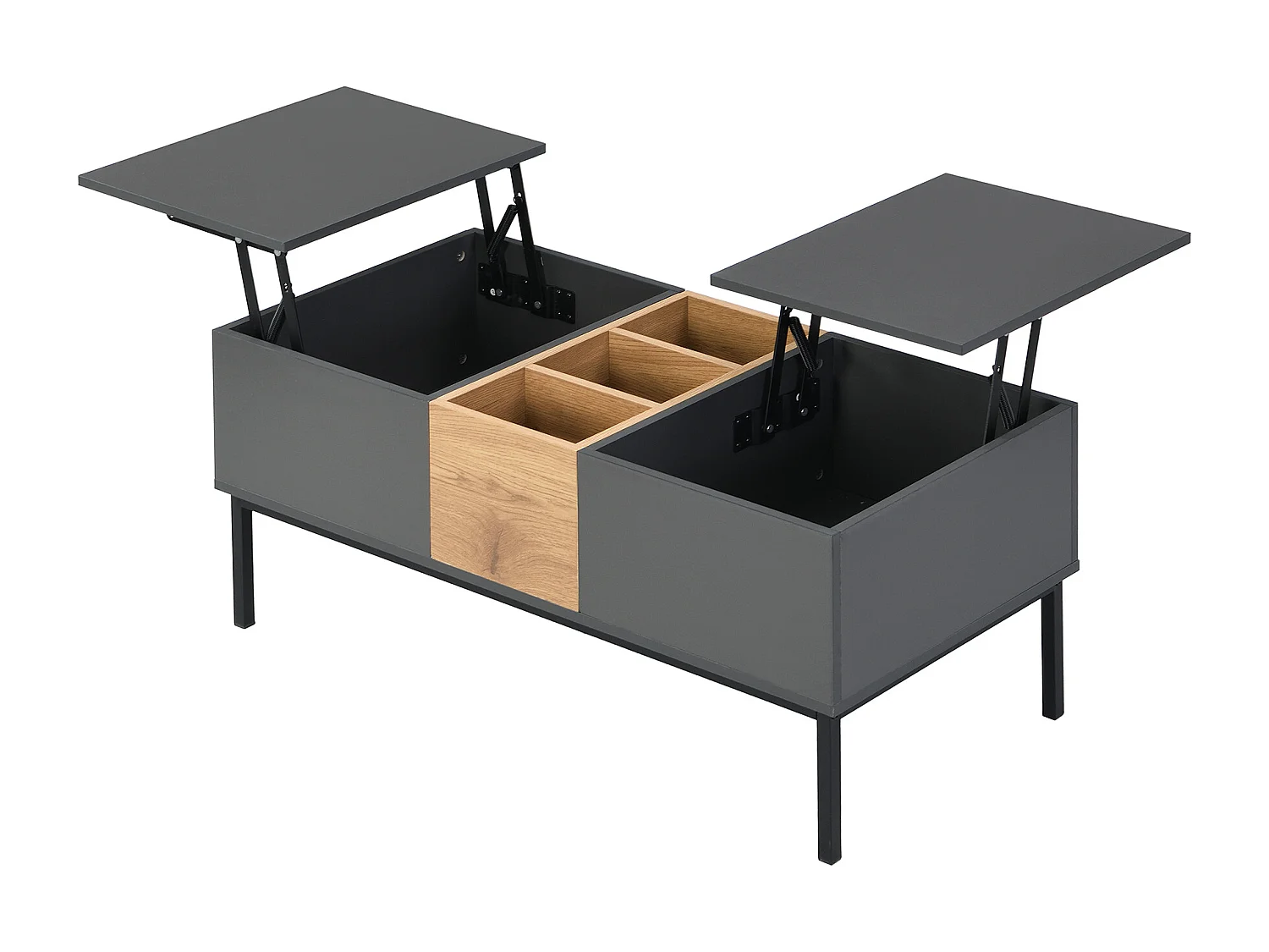 Moderner Couchtisch 100x50x45 / 100x50x60 cm - Höhenverstellbare Platte - Mit Staufächern - Dunkelgrau