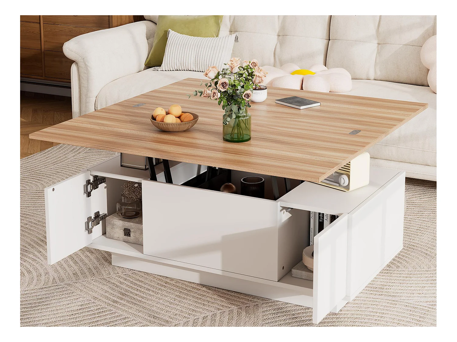 Table basse moderne 100x50x40cm - avec 2 portes - avec mécanisme de levage double - espace de rangement caché - Blanc+Naturel