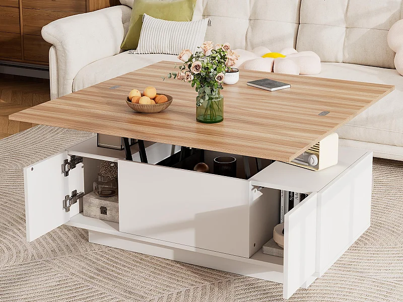 Table basse moderne 100x50x40cm - avec 2 portes - avec mécanisme de levage double - espace de rangement caché - Blanc+Naturel