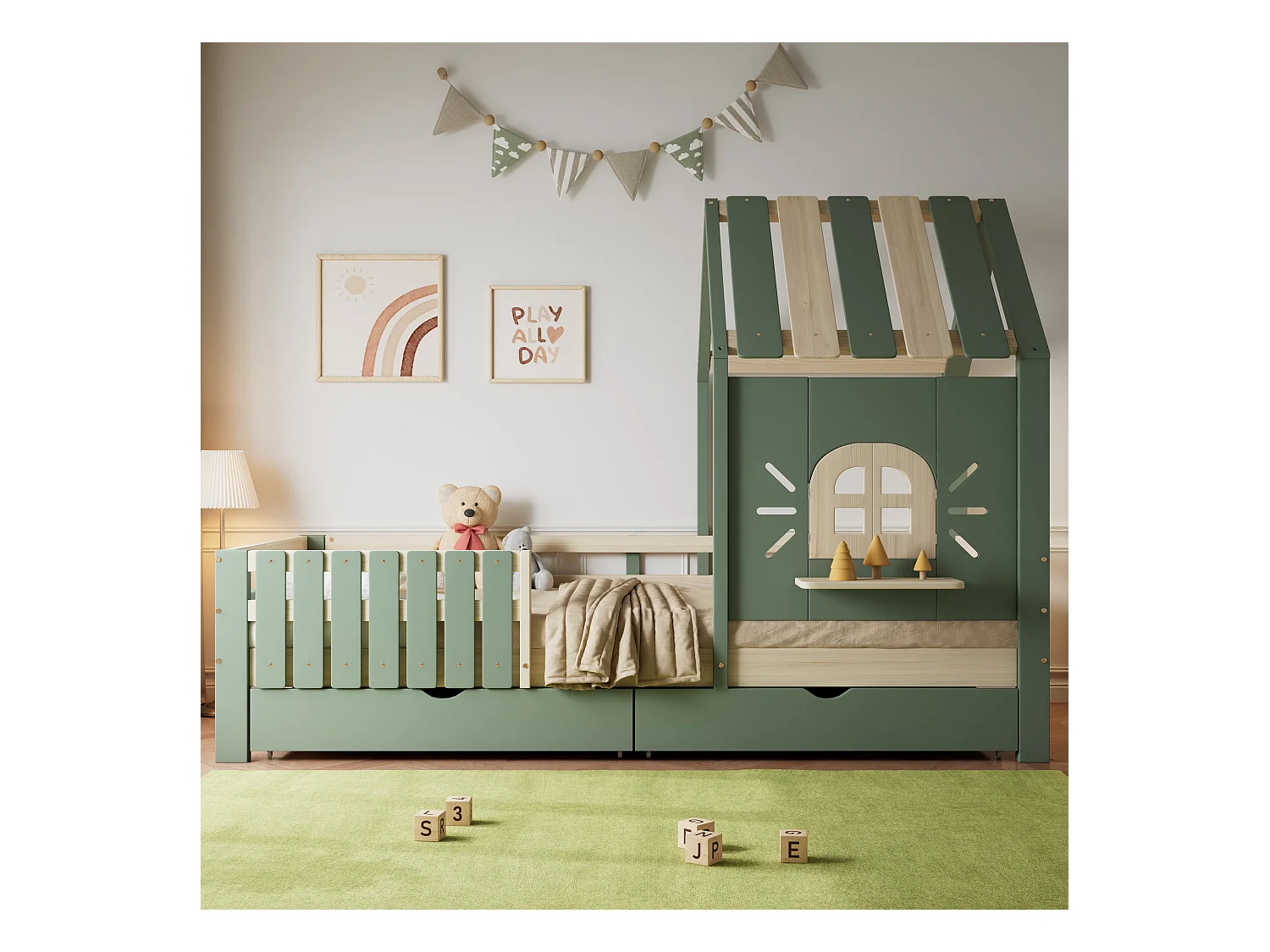 Łóżko dziecięce 90x200 cm - z dachem i oknem - z ogrodzeniem - z 2 szufladami - drewno lite + MDF - zielone + naturalne