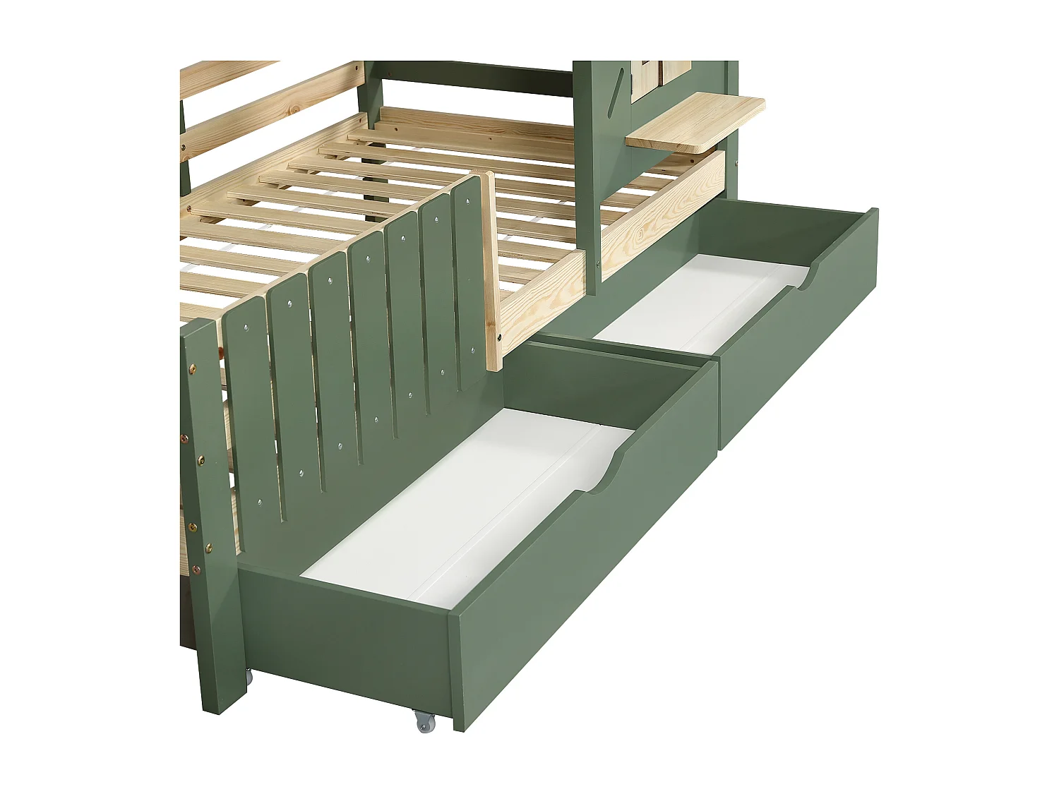 Łóżko dziecięce 90x200 cm - z dachem i oknem - z ogrodzeniem - z 2 szufladami - drewno lite + MDF - zielone + naturalne