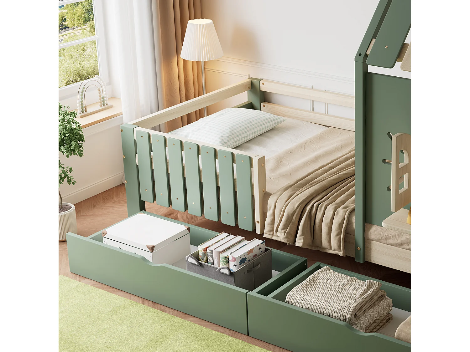 Łóżko dziecięce 90x200 cm - z dachem i oknem - z ogrodzeniem - z 2 szufladami - drewno lite + MDF - zielone + naturalne