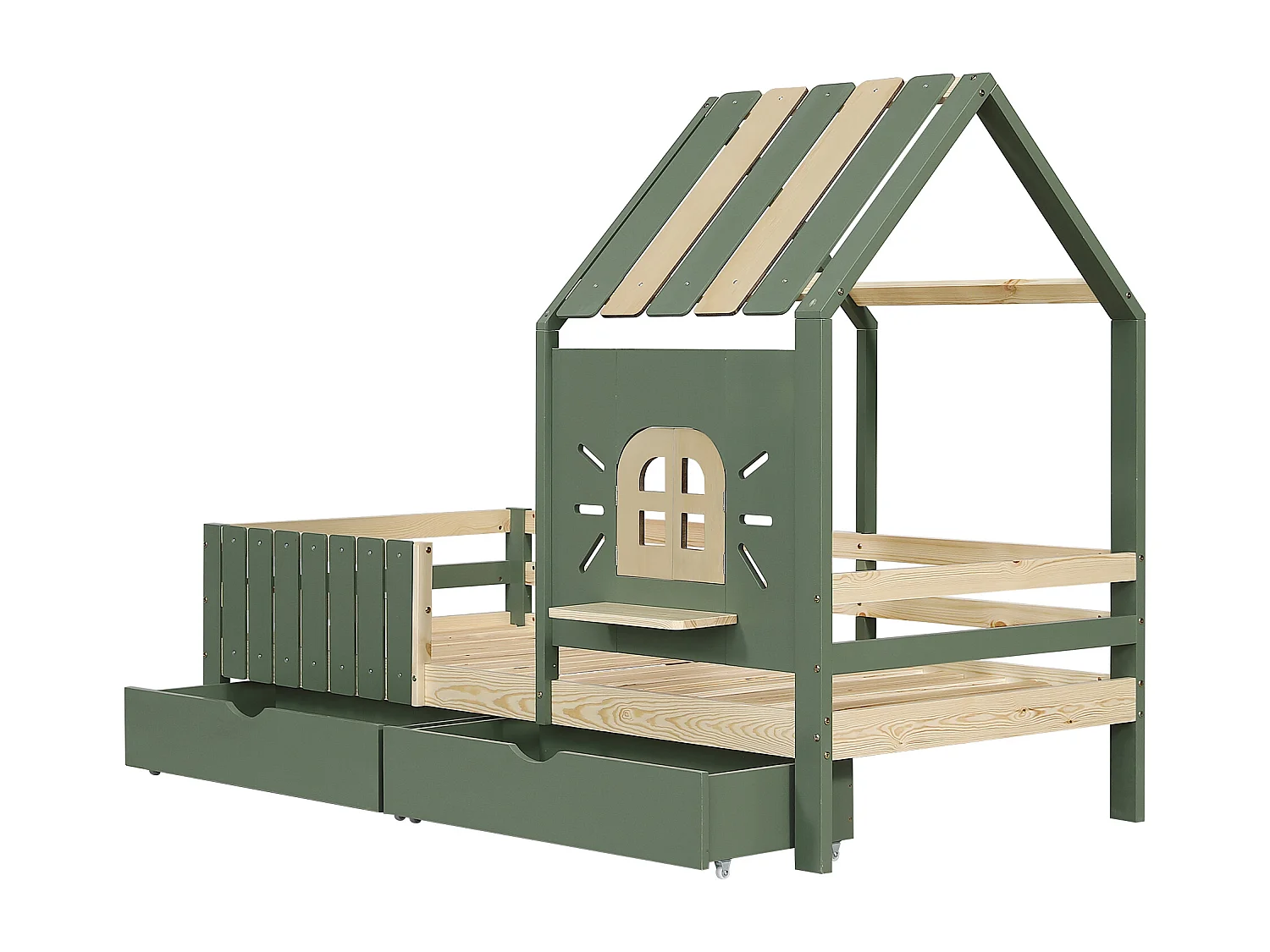 Łóżko dziecięce 90x200 cm - z dachem i oknem - z ogrodzeniem - z 2 szufladami - drewno lite + MDF - zielone + naturalne