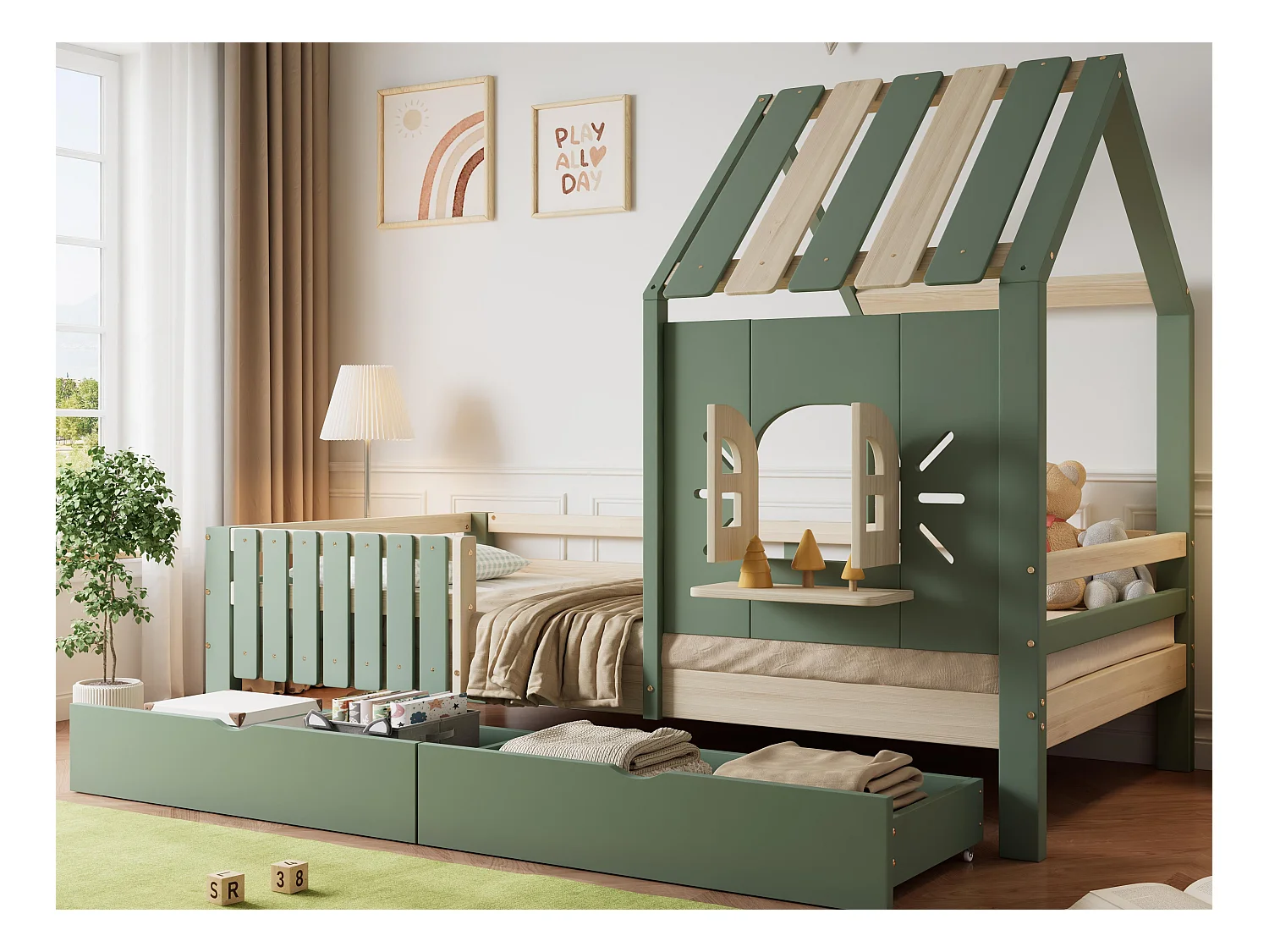 Lit enfant 90x200 cm - avec toit et fenêtre - avec clôture- avec 2 tiroirs - bois massif + MDF - vert + naturel