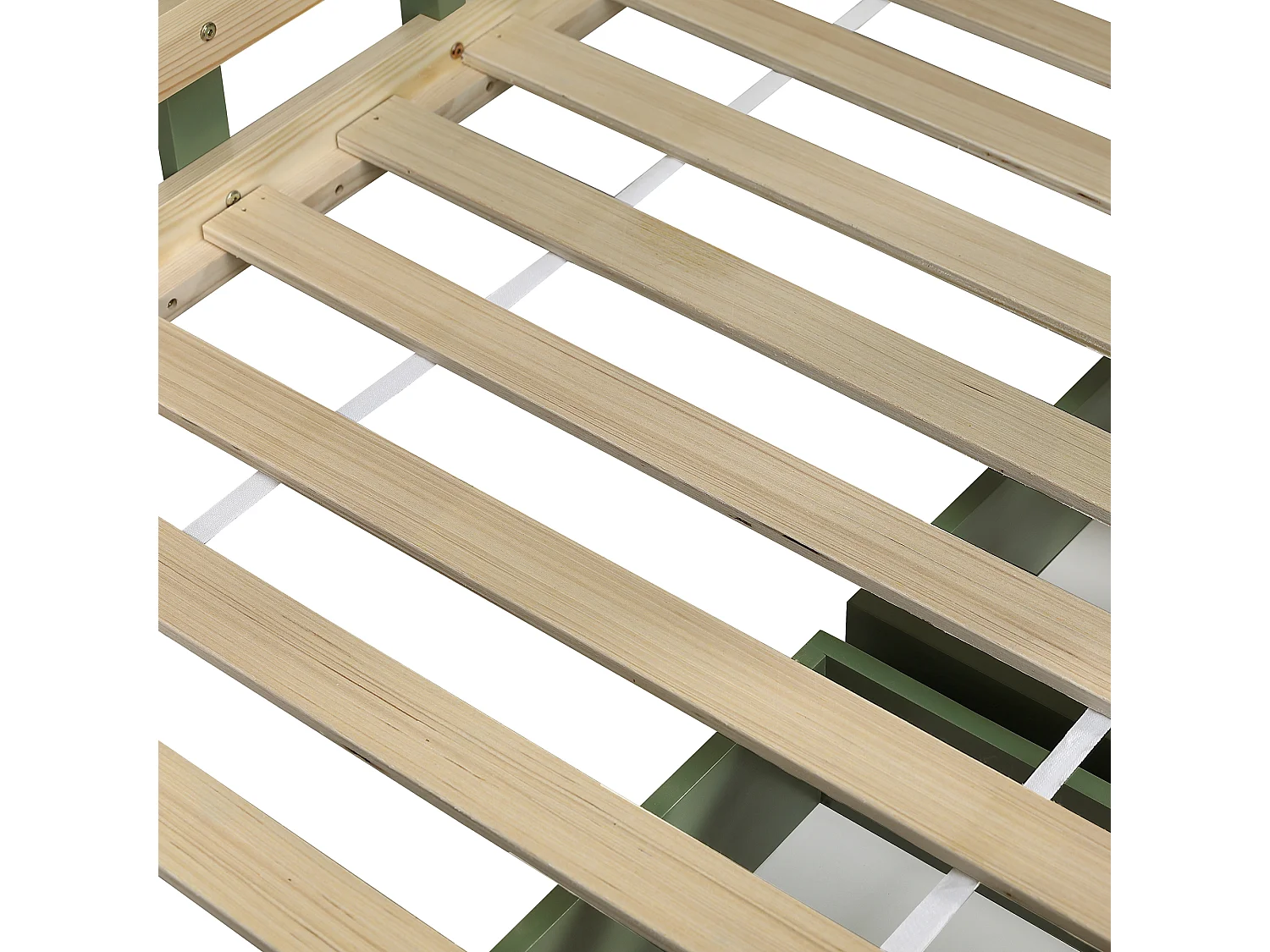 Kinderbed 90x200 cm - met dak en raam - met omheining - met 2 lades - massief hout + MDF - groen + naturel