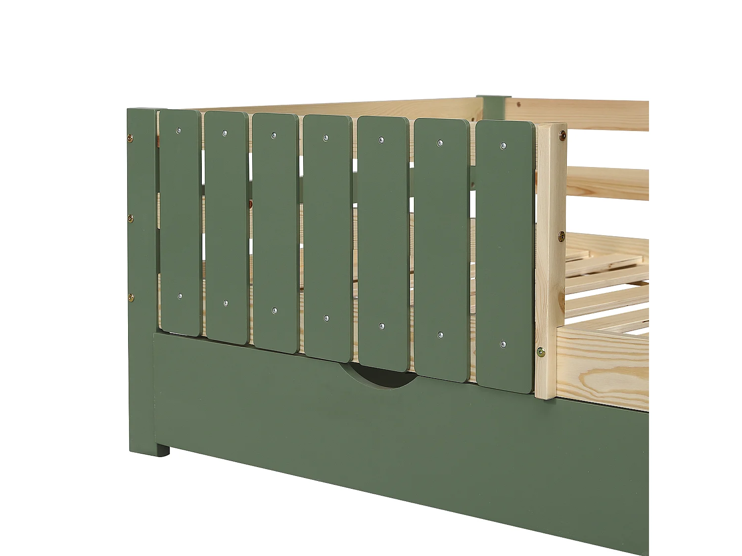 Kinderbed 90x200 cm - met dak en raam - met omheining - met 2 lades - massief hout + MDF - groen + naturel