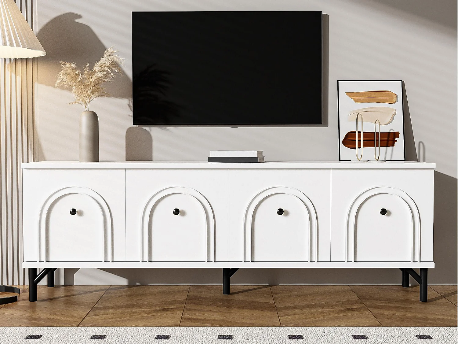Meuble TV 160x38x55.5 cm - avec 4 portes - panneaux de particules - blanc