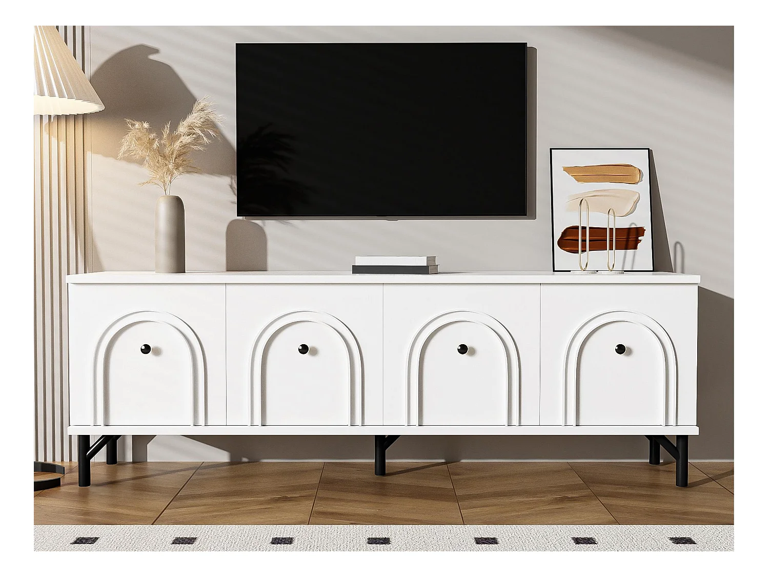 Meuble TV 160x38x55.5 cm - avec 4 portes - panneaux de particules - blanc
