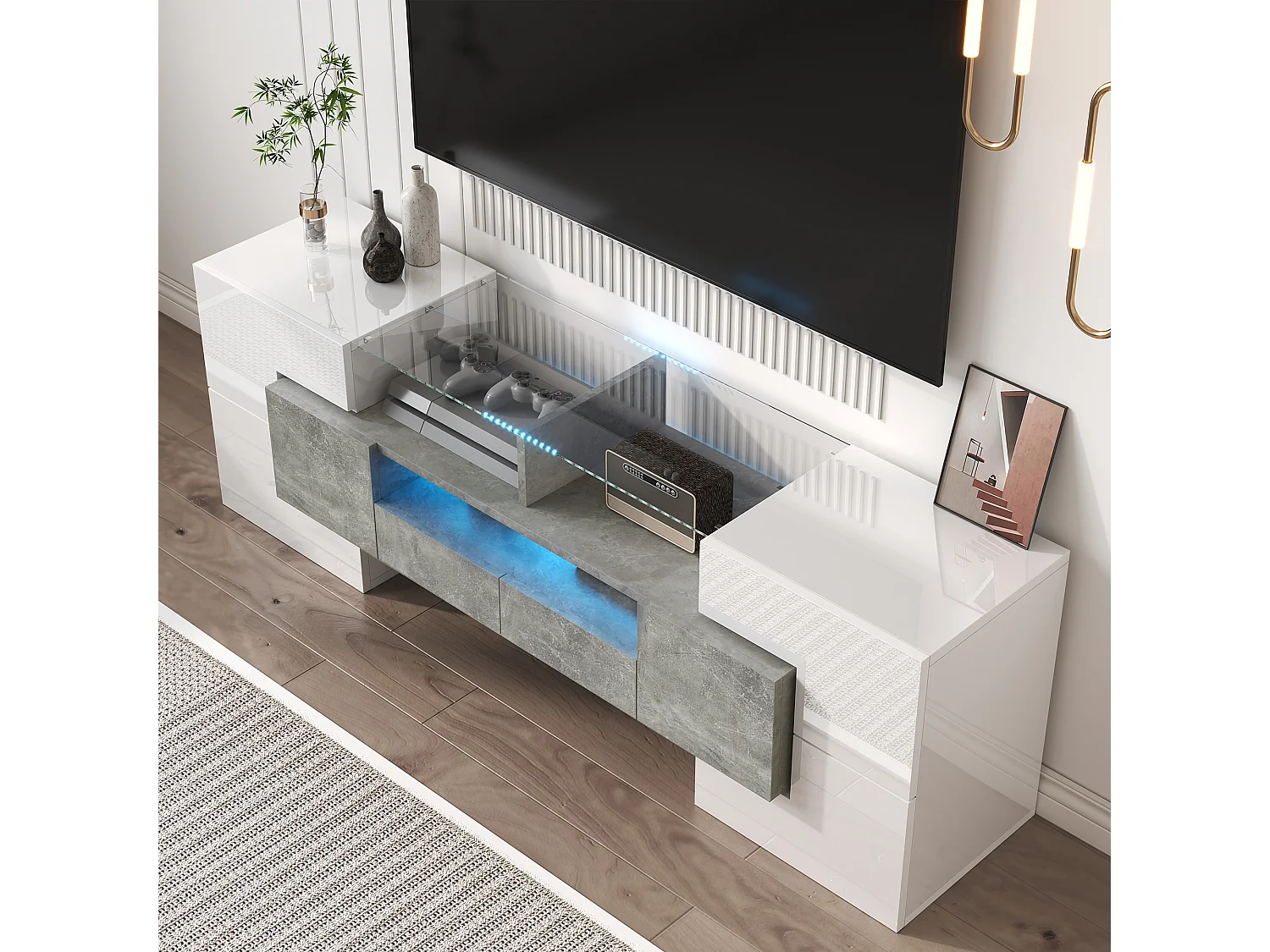 Meble TV 145x30x51 cm - z oświetleniem LED - z 4 drzwiami - 2 szufladami - półkami - białe