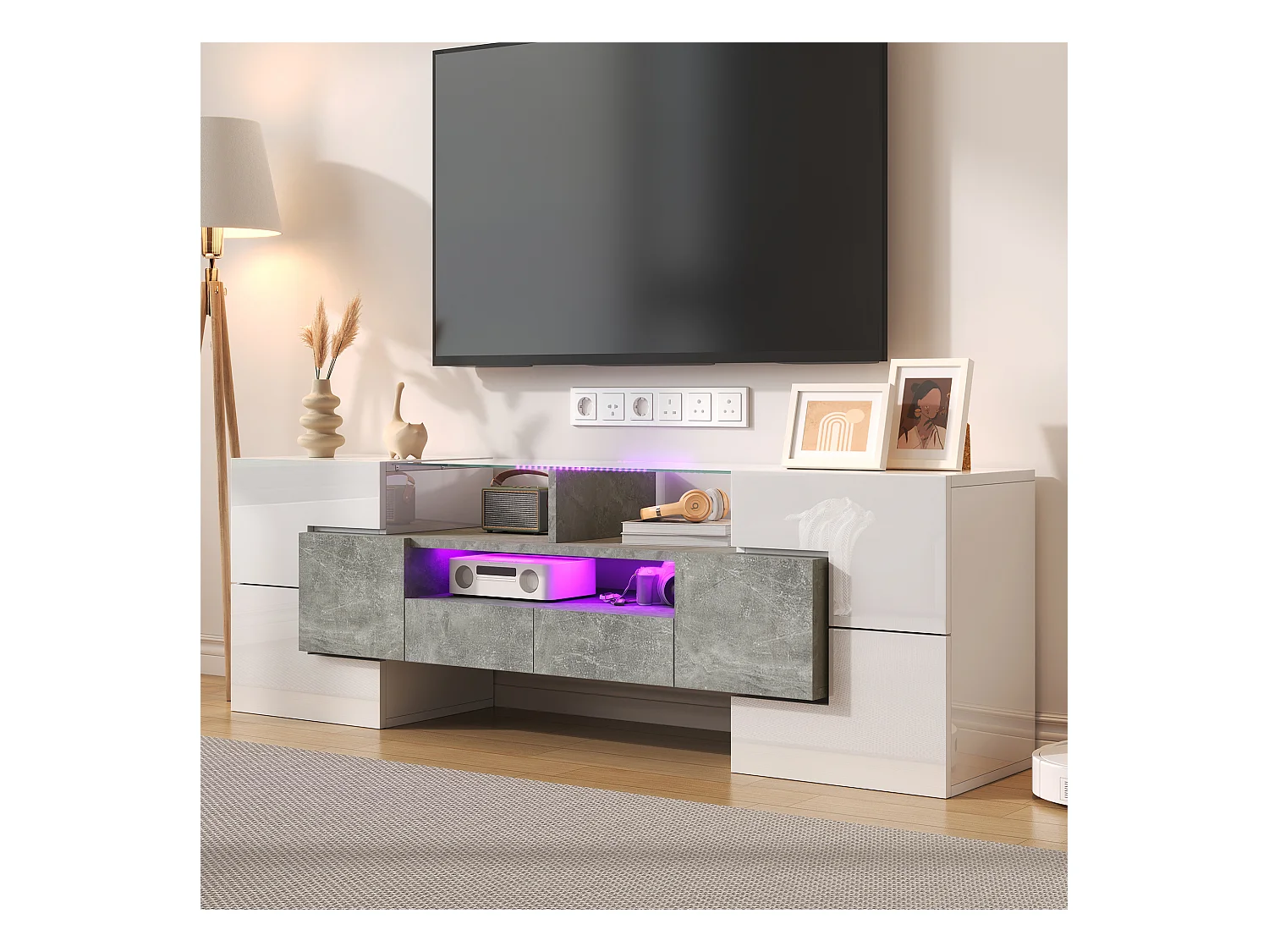 Meble TV 145x30x51 cm - z oświetleniem LED - z 4 drzwiami - 2 szufladami - półkami - białe