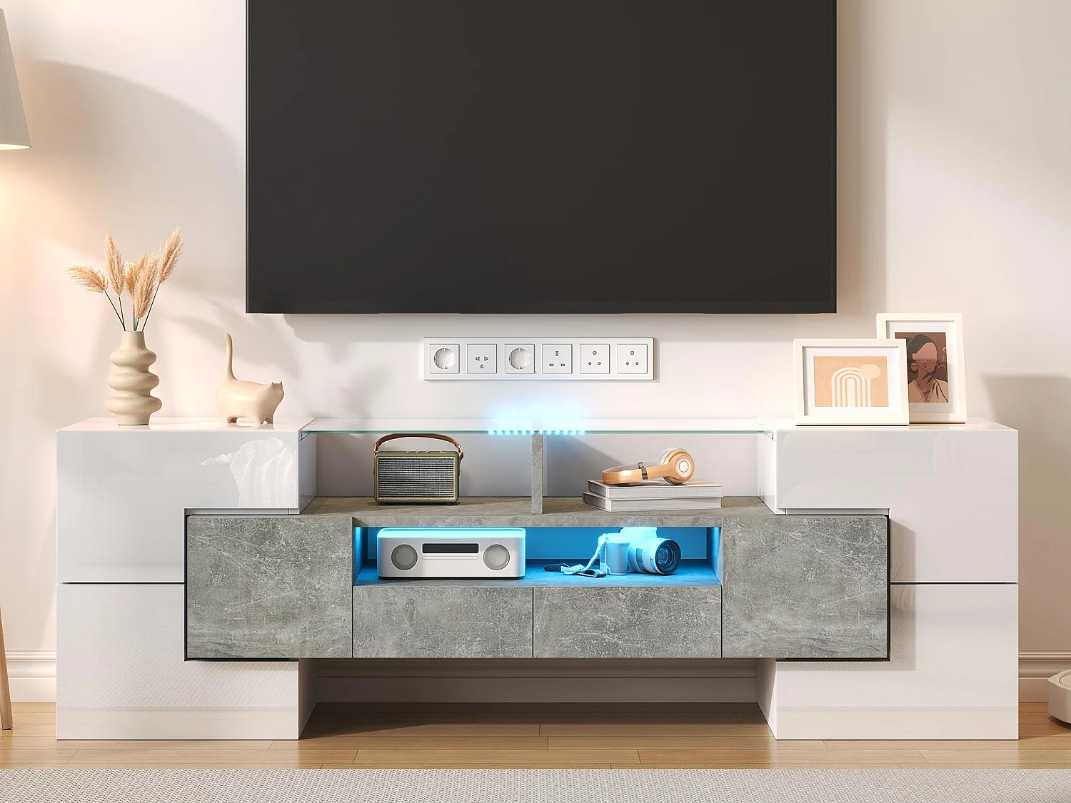 Meuble TV 145x30x51 cm - avec éclairage LED - avec 4 portes - 2 tiroirs - étagères - blanc