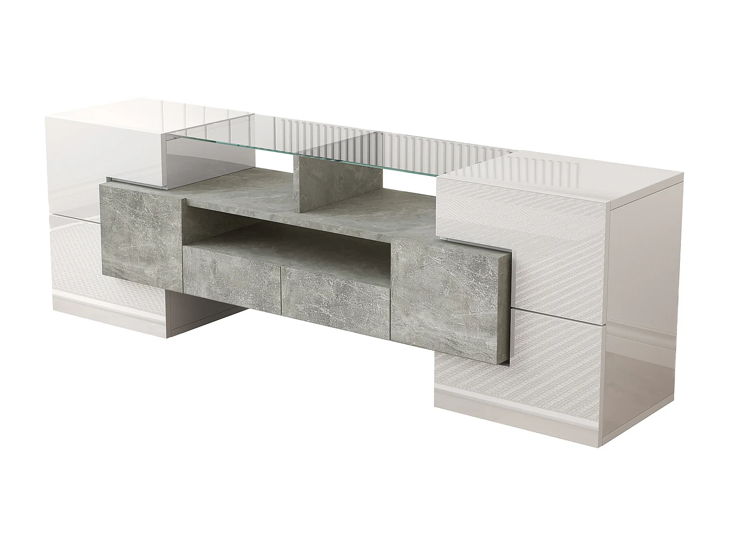 Meuble TV 145x30x51 cm - avec éclairage LED - avec 4 portes - 2 tiroirs - étagères - blanc