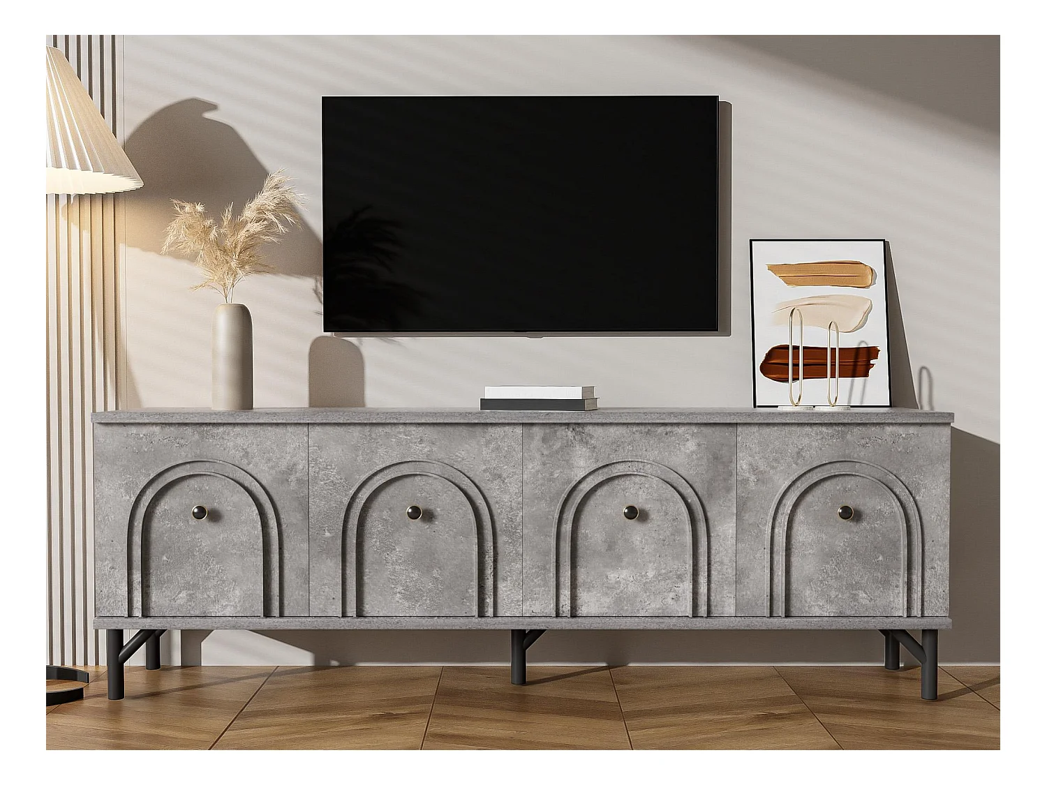 Meuble TV 160x38x55.5 cm - avec 4 portes - panneaux de particules - gris