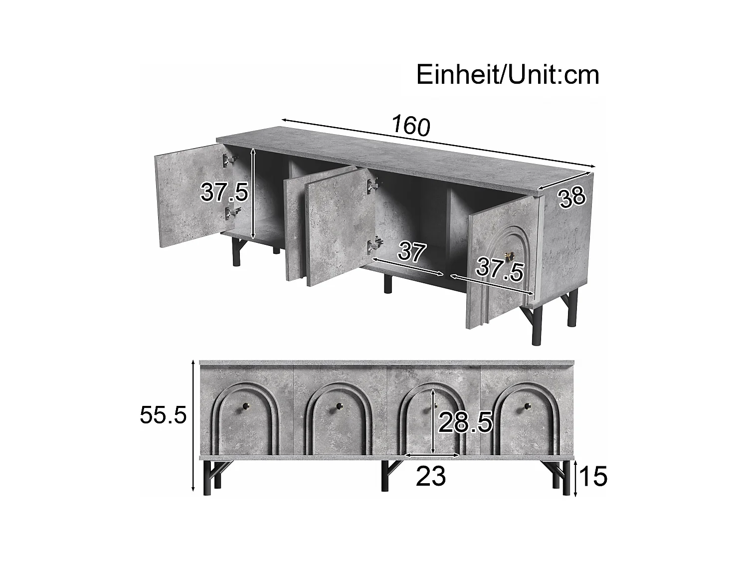 TV-Schrank 160x38x55.5 cm - 4 Türen - Spanplatten - grau