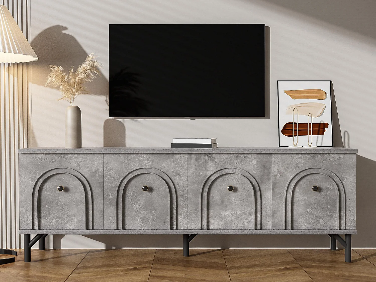 Meuble TV 160x38x55.5 cm - avec 4 portes - panneaux de particules - gris