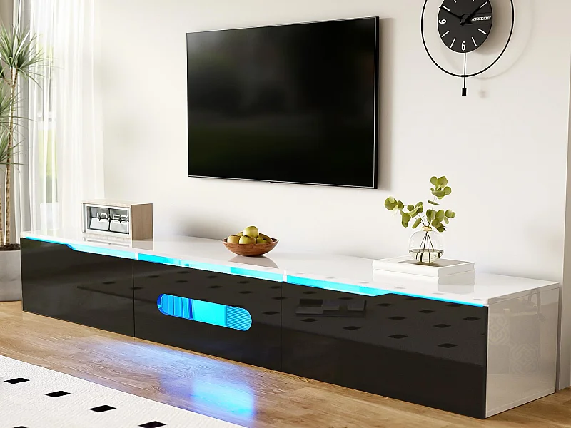 Meuble TV 180x35x30cm - finition brillante - avec éclairage LED 16 couleurs - montage mural - noir + blanc
