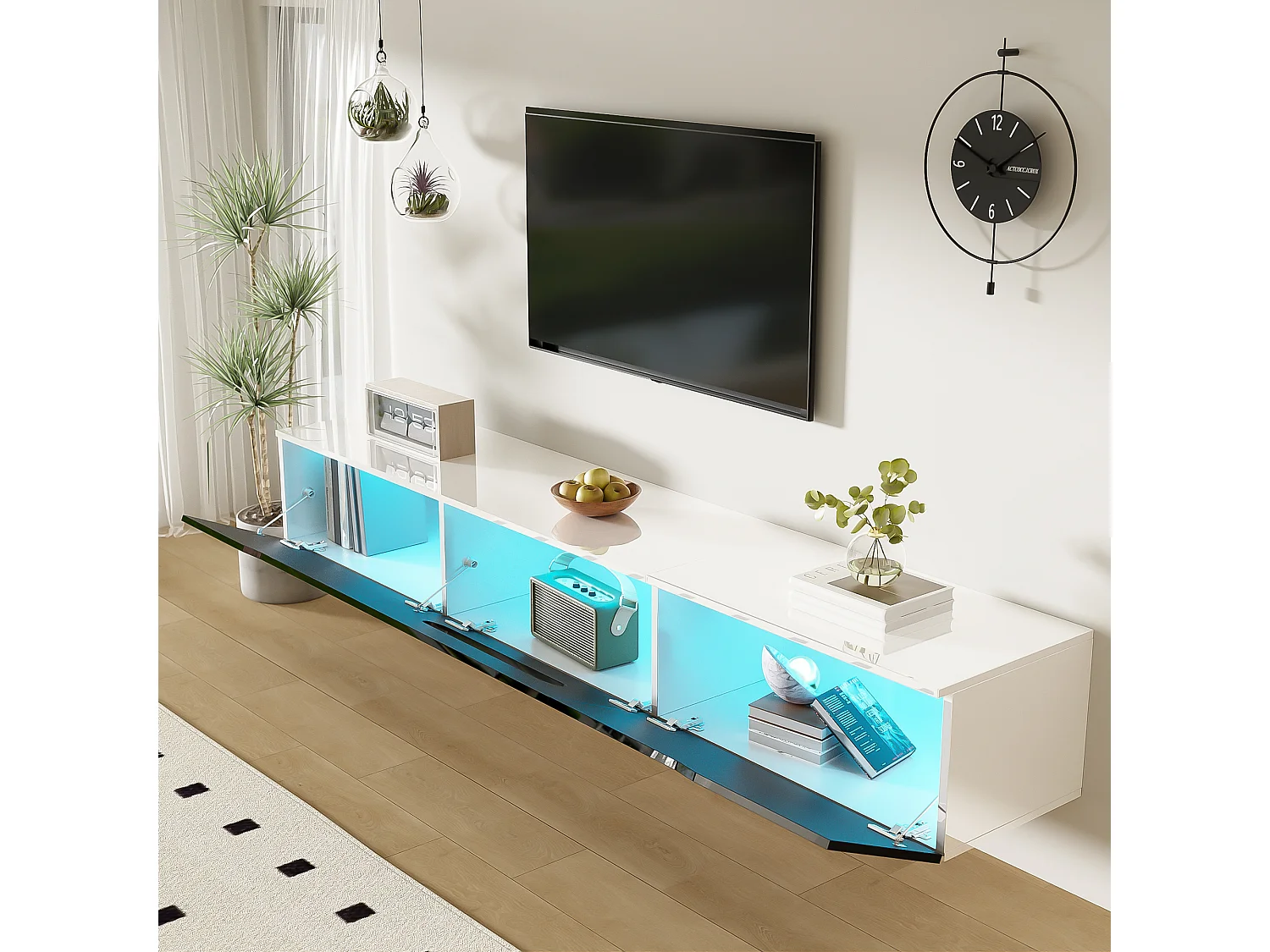 Meuble TV 180x35x30cm - finition brillante - avec éclairage LED 16 couleurs - montage mural - noir + blanc