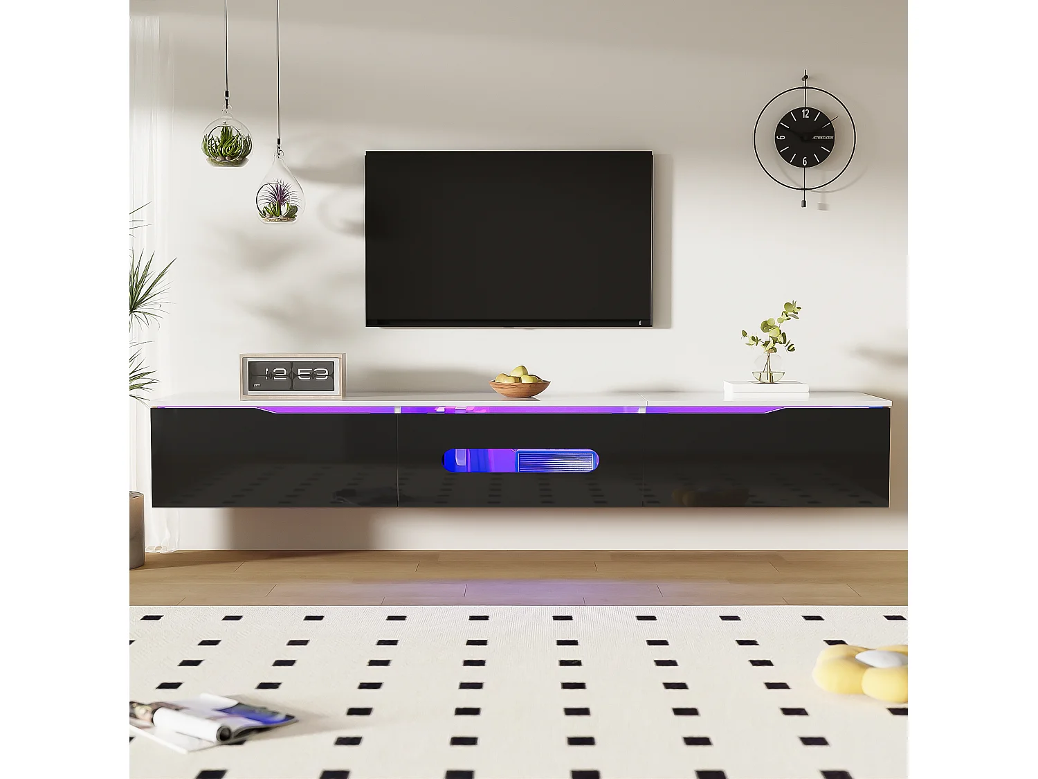 Meuble TV 180x35x30cm - finition brillante - avec éclairage LED 16 couleurs - montage mural - noir + blanc