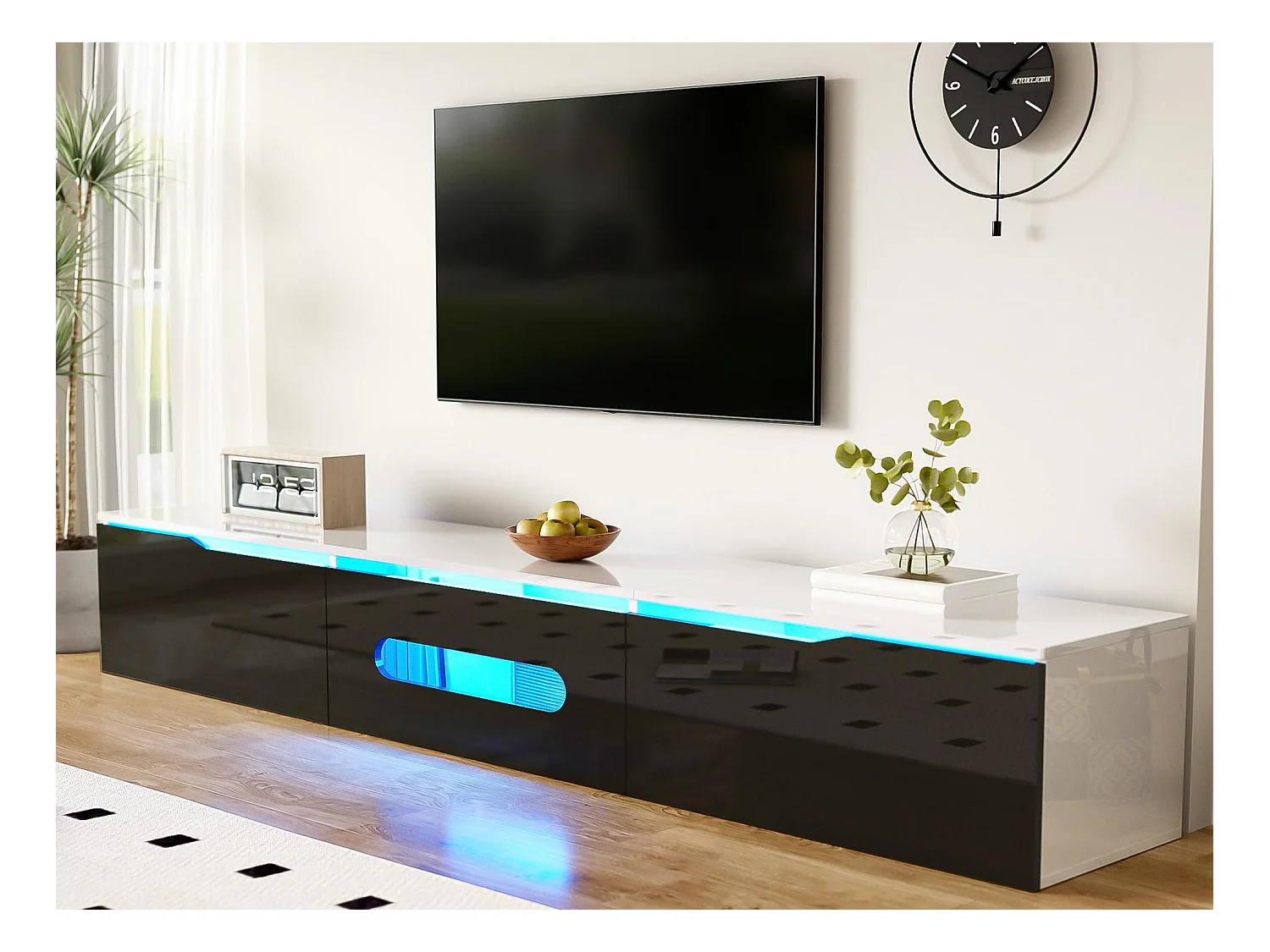 TV-Möbel 180x35x30 cm - Hochglanz-Oberfläche - mit 16-farbiger LED-Beleuchtung - Wandmontage - schwarz + weiß