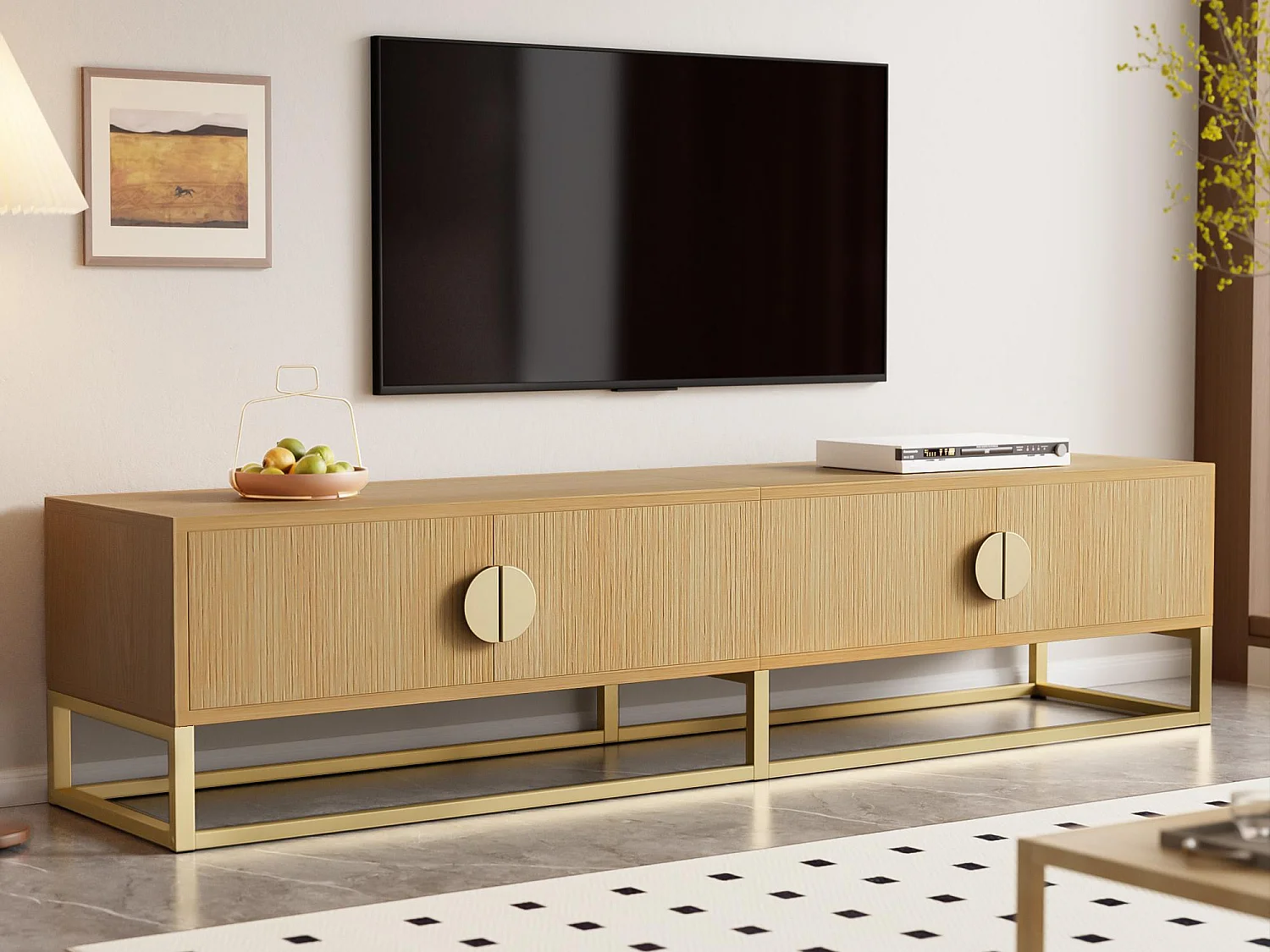 Meuble TV 180x40x40 cm - 4 portes - Panneaux de particules - Naturel