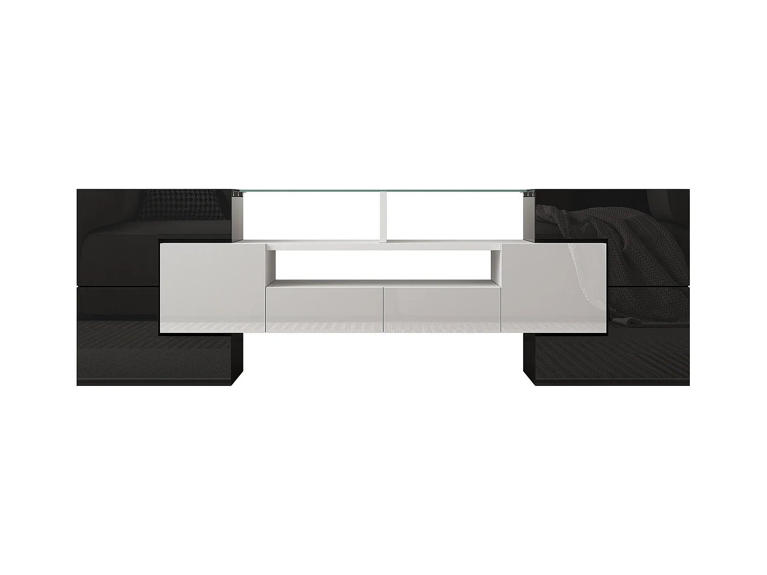 Meble TV 145x30x51 cm - z oświetleniem LED - z 4 drzwiami - 2 szufladami - półkami - biały + czarny