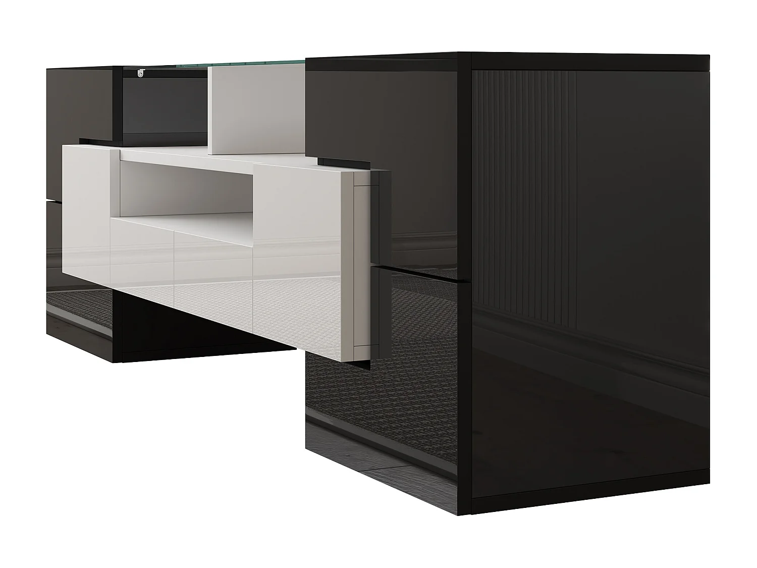 Meble TV 145x30x51 cm - z oświetleniem LED - z 4 drzwiami - 2 szufladami - półkami - biały + czarny