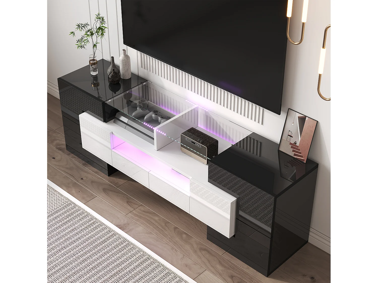 TV-Schrank 145x30x51 cm - mit LED-Beleuchtung - 4 Türen - 2 Schubladen - Fächer - weiß+schwarz