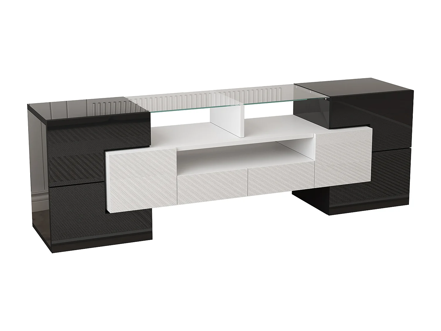 TV-Schrank 145x30x51 cm - mit LED-Beleuchtung - 4 Türen - 2 Schubladen - Fächer - weiß+schwarz