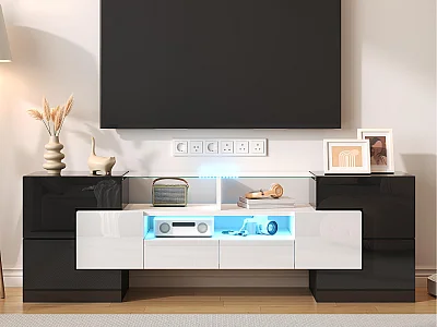 Meuble TV 145x30x51 cm - avec éclairage LED - avec 4 portes - 2 tiroirs - étagères - blanc+noir