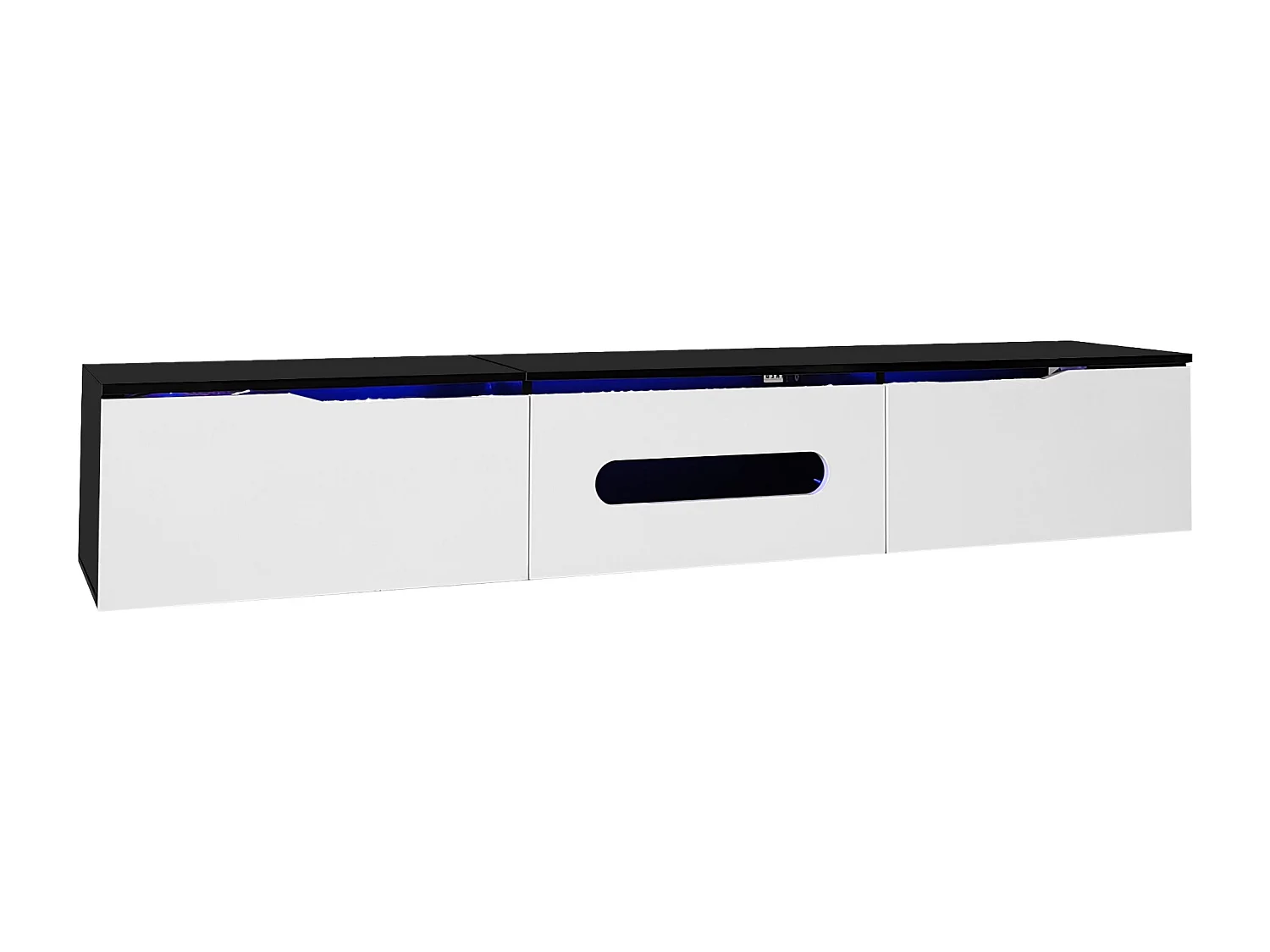 Meuble TV 180x35x30cm - finition brillante - avec éclairage LED 16 couleurs - montage mural - blanc+noir