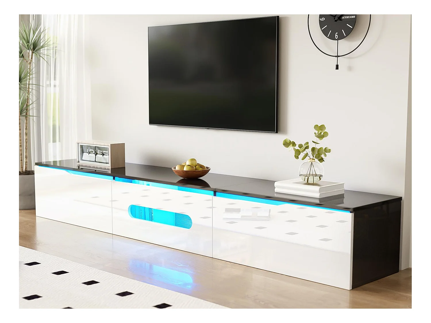 TV-meubel 180x35x30 cm - glanzende afwerking - 16-kleuren LED-verlichting - wandmontage - wit+zwart