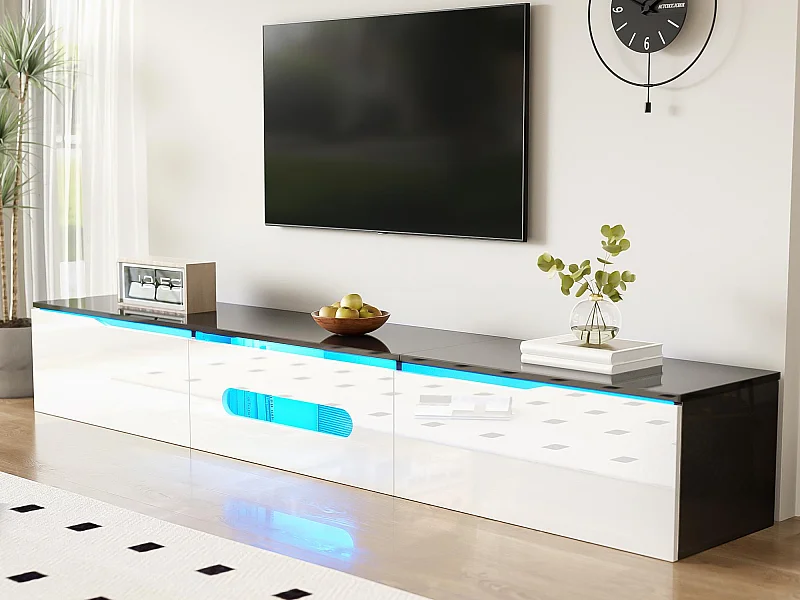 Meuble TV 180x35x30cm - finition brillante - avec éclairage LED 16 couleurs - montage mural - blanc+noir