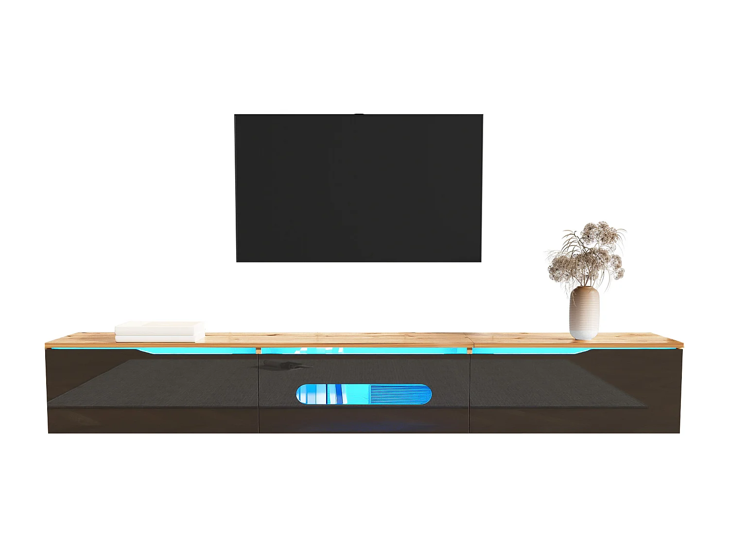 Meuble TV 180x35x30cm - finition brillante - avec éclairage LED 16 couleurs - montage mural - noir + naturel