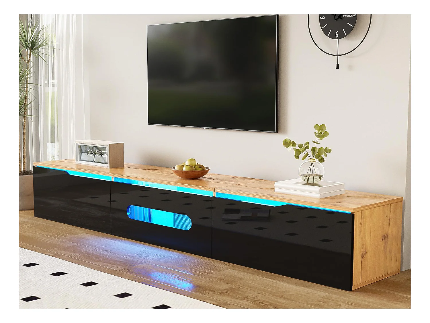 TV-meubel 180x35x30 cm - glanzende afwerking - met 16-kleuren LED-verlichting - wandmontage - zwart + naturel